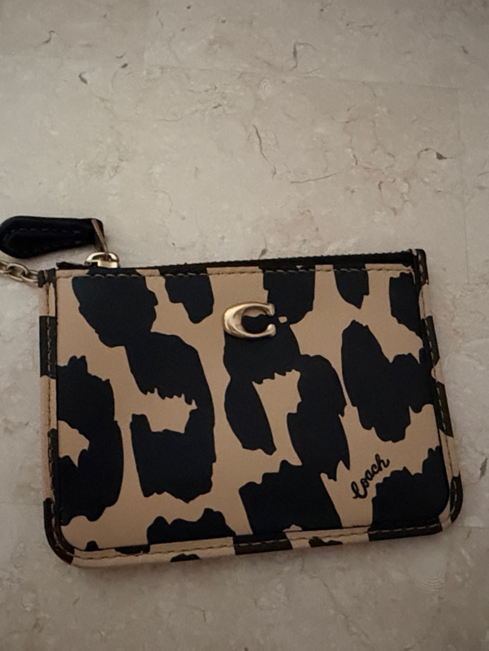 Coach Leopard-Print Zip Card Case Keychain in Black & Tan